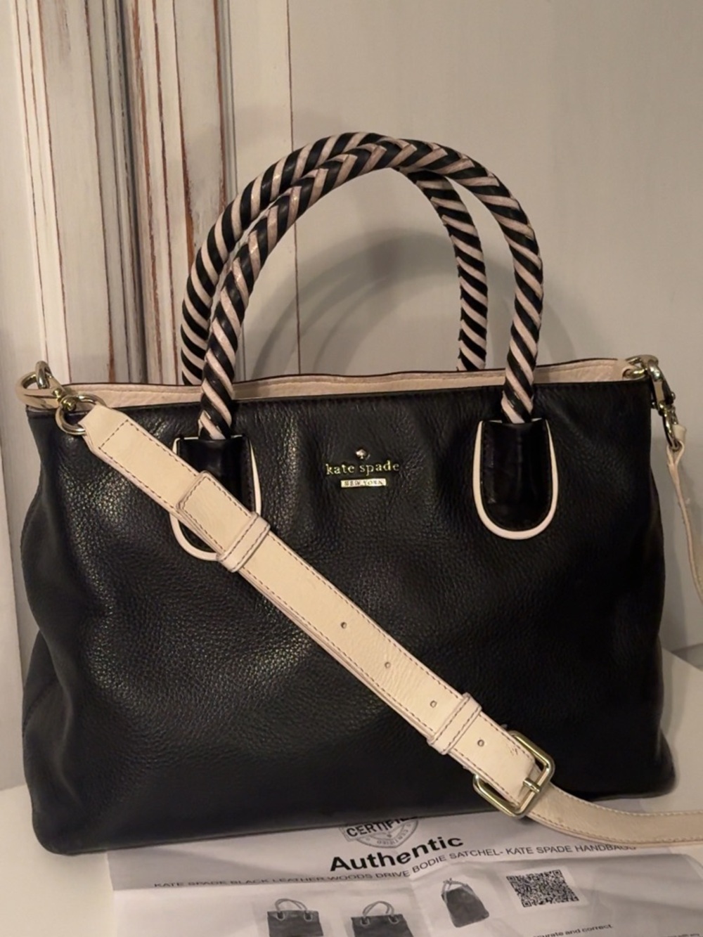 Kate Spade Woods Drive Leather Satchel Black Cream Braided Handle Crossbody